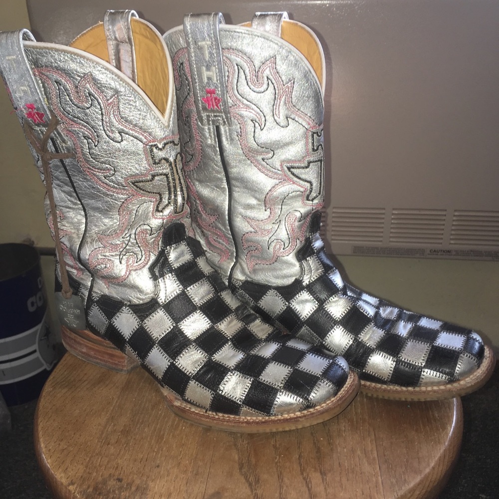 women’s Tin Haul Boots. Shiny metal.